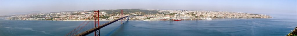 Panoramic view of Lisbon from the top of Cristo-Rei, with 25 April Bridge.