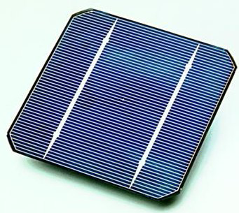A solar cell made from a monocrystalline silicon wafer.