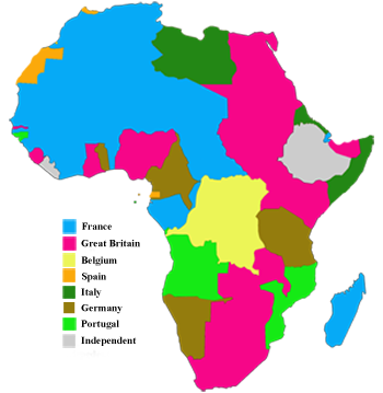 Colonial Africa in 1914, showing the German empire sixth in size.