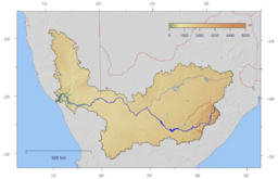 The course and watershed of the Orange River. This map shows a conservative border for the watershed. Specifically, the Kalahari basin is excluded, as some sources say it is endorheic. [1] Some other sources using computational methods show a basin which includes parts of Botswana (and hence of the Kalahari). [2]