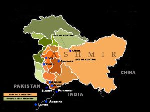 Map showing Indian administered Kashmir in shades of orange and Pakistan held kashmir in green hues.