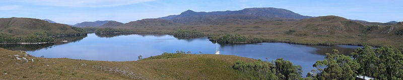 The spectacular and isolated Bathurst Harbour, South West Wilderness, Tasmania,.