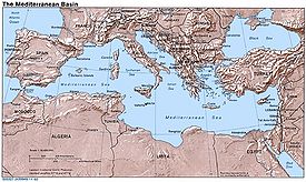 Map of the Mediterranean Sea, showing the location of the Adriatic Sea in relation to other bodies of water in the region.