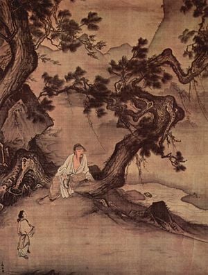 Chinese painting often depicts humans immersed in the grandure of nature.