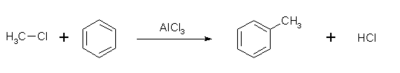 Friedel-Crafts alkylation of benzene with methyl chloride.