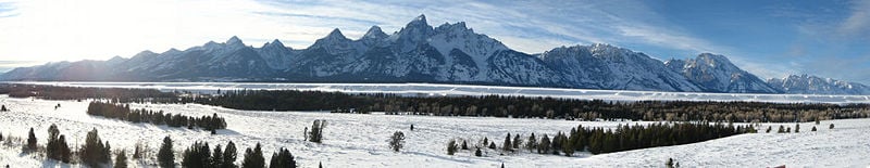 Panoramic view of the Teton Range looking west from Jackson Hole, Grand Teton National Park.