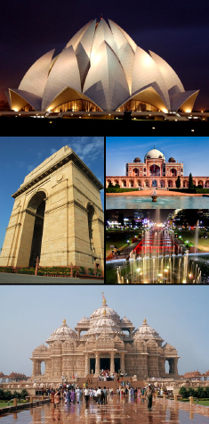 From top clockwise: Lotus Temple, Humayun's Tomb, Connaught Place, Akshardham Temple, and India Gate.