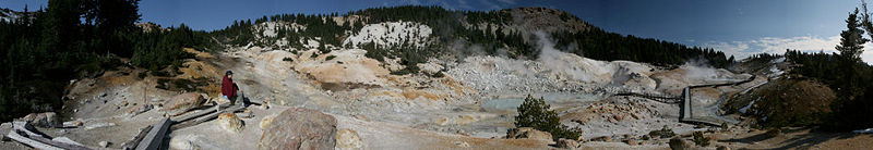Bumpass Hell contains boiling springs, mudpots, and fumaroles