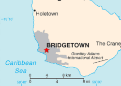 The location of Bridgetown (the red star)