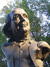 Philadelphia sculptor James Peniston's Keys To Community in the Old City neighborhood, one of the city's many public artworks featuring images of Benjamin Franklin