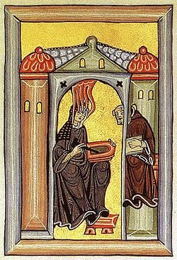 A medieval illumination showing Hildegard von Bingen and the monk Volmar.