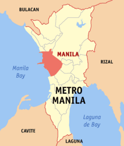 Map of Metro Manila showing the location of Manila Coordinates: 14°35' N 121° E
