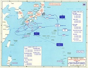 A map outlining the Japanese and U.S. (but not other Allied) ground forces scheduled to take part in the battle for Japan. Two landings were planned: (1) Olympic — the invasion of the southern island, Kyūshū, (2) Coronet — the invasion of the main island, Honshū.