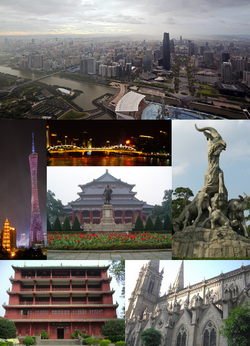 From top: Tianhe CBD, the Canton Tower & Chigang Pagoda, Haizhu Bridge, Sun Yat-sen Memorial Hall, Statue of Five Goats, Zhenhai Tower in Yuexiu Park, and Sacred Heart Cathedral.