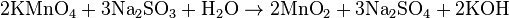 \mbox{2KMnO}_{4}+\mbox{3Na}_{2}\mbox{SO}_3+\mbox{H}_2\mbox{O}\rightarrow\mbox{2MnO}_{2}+\mbox{3Na}_{2}\mbox{SO}_{4}+\mbox{2KOH}\,