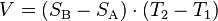 V = (S_\mathrm{B} - S_\mathrm{A}) \cdot (T_2 - T_1)