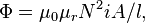 \displaystyle \Phi = \mu_0\mu_rN^2iA/l,