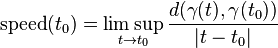 \mbox{speed}(t_0)=\limsup_{t\to t_0} {d(\gamma(t),\gamma(t_0))\over |t-t_0|}