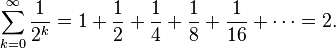 \sum_{k=0}^{\infin}\frac {1}{2^k}=1+\frac{1}{2}+\frac{1}{4}+\frac{1}{8}+\frac{1}{16}+\cdots=2.