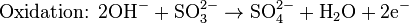 \mbox{Oxidation: }\mbox{2OH}^{-}+\mbox{SO}^{2-}_{3}\rightarrow\mbox{SO}^{2-}_{4}+\mbox{H}_{2}\mbox{O}+\mbox{2e}^{-}\,