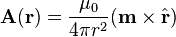 \mathbf{A}(\mathbf{r}) = \frac {\mu_0} {4\pi r^2} (\mathbf{m}\times\hat{\mathbf{r}})