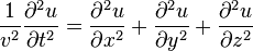 \frac{1}{v^2}\frac{\partial^2 u}{\partial t^2} = \frac{\partial^2 u}{\partial x^2}+\frac{\partial^2 u}{\partial y^2}+\frac{\partial^2 u}{\partial z^2}