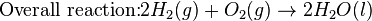 \mbox{Overall reaction:} 2H_{2}(g) + O_{2}(g)\rightarrow 2H_{2}O(l)\,