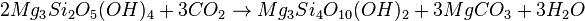 2Mg_3Si_2O_5(OH)_4 + 3CO_2 \rarr Mg_3Si_4O_{10}(OH)_2 + 3MgCO_3 + 3H_2O