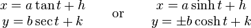 \begin{matrix}
x = a\tan t + h \\
y = b\sec t + k \\
\end{matrix}
\qquad \mathrm{or} \qquad\begin{matrix}
x = a\sinh t + h \\
y = \pm b\cosh t + k \\
\end{matrix}