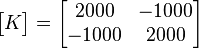 \begin{bmatrix}K\end{bmatrix}=\begin{bmatrix}2000 & -1000\\ -1000 & 2000\end{bmatrix}