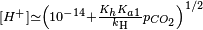 \scriptstyle[H^+] \simeq \left( 10^{-14}+\frac {K_hK_{a1}}{k_\mathrm{H}} p_{CO_2}\right)^{1/2}