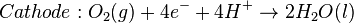 Cathode: O_{2}(g)+ 4e^{-} + 4 H^{+}\rightarrow 2H_{2}O(l)\,
