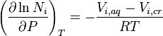 \left(\frac{\partial \ln N_i}{\partial P} \right)_T = -\frac{V_{i,aq}-V_{i,cr}} {RT}