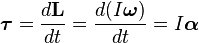 \boldsymbol\tau={{d \mathbf{L}}\over {dt}}={{d(I\boldsymbol\omega)} \over {dt}}=I\boldsymbol\alpha