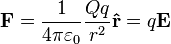 \mathbf{F} = \frac{1}{4 \pi \varepsilon_0}\frac{Qq}{r^2}\mathbf{\hat{r}} = q\mathbf{E}