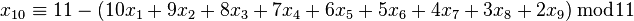 x_{10} \equiv 11 - (10x_1 + 9x_2 + 8x_3 + 7x_4 + 6x_5 + 5x_6 + 4x_7 + 3x_8 + 2x_9) \, \bmod 11