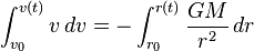 \int_{v_0}^{v(t)} v\,dv = -\int_{r_0}^{r(t)}\frac{GM}{r^2}\,dr\,