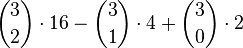 \binom{3}{2}\cdot 16 - \binom{3}{1}\cdot 4 + \binom{3}{0}\cdot 2
