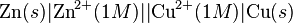 \mbox{Zn}(s)|\mbox{Zn}^{2+}(1M)||\mbox{Cu}^{2+}(1M)|\mbox{Cu}(s)\,