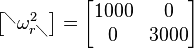 \begin{bmatrix} ^\diagdown \omega_{r\diagdown}^2 \end{bmatrix}=\begin{bmatrix} 1000 & 0 \\ 0 & 3000 \end{bmatrix}