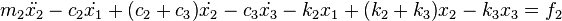 m_2 \ddot{x_2} - { c_2 } \dot{x_1}+ { (c_2+c_3) } \dot{x_2} - { c_3 } \dot{x_3} - { k_2 } x_1+ { (k_2+k_3) } x_2 -{ k_3 } x_3= f_2 \!