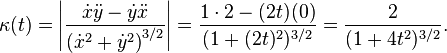 \kappa(t)= \left|\frac{\dot{x}\ddot{y}-\dot{y}\ddot{x}}{({\dot{x}^2+\dot{y}^2)}^{3/2}}\right|= {1\cdot 2-(2t)(0) \over (1+(2t)^2)^{3/2} }={2 \over (1+4t^2)^{3/2}}.