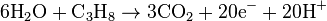 \mbox{6H}_{2}\mbox{O}+\mbox{C}_{3}\mbox{H}_{8}\rightarrow\mbox{3CO}_{2}+\mbox{20e}^{-}+\mbox{20H}^{+}\,