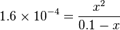 1.6\times 10^{-4} = \frac{x^2}{0.1-x}