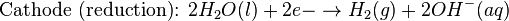 \mbox{Cathode (reduction): } 2H_{2}O(l) + 2e{-}\rightarrow H_{2}(g) + 2OH^{-}(aq)\,