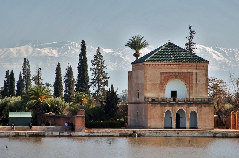 The Menara Gardens, built by Abd al-Mu'min with the snow capped Atlas mountains in the backgorund