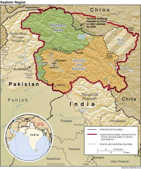 Map showing the Line of Control between India and Pakistan, where Yahya Khan served 1951-52 with the rank of Brigadier.