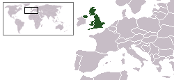 Two islands to the north-west of continental Europe. Highlighted are the larger island and the north-eastern fifth of the smaller island to the west.
