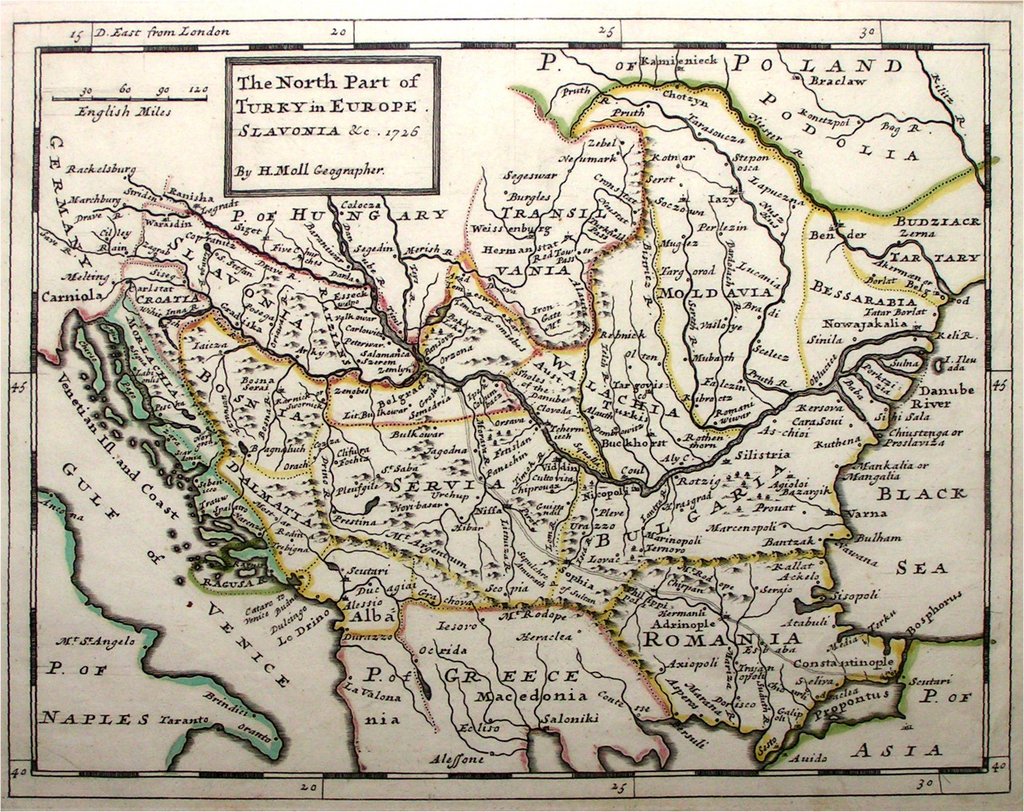 Map of Turkey in Europe dated 1726. Serbia (Servia) is in the center.