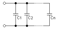 A diagram of several capacitors, side by side, both leads of each connected to the same wires